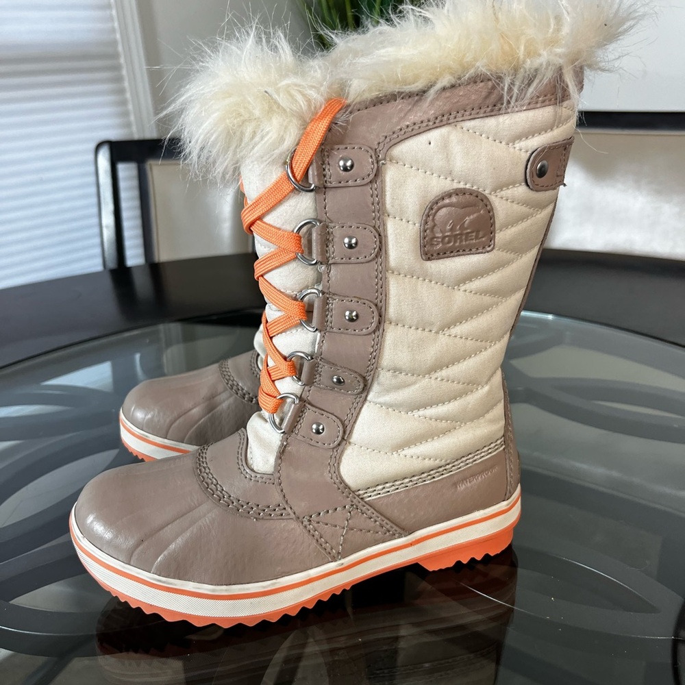 Sorel Kids Boots in Cream and Tan with Orange Accents